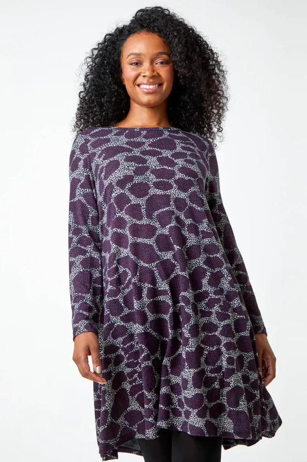 Women Purple Petite Leopard Print Swing Stretch Dress Roman Dresses