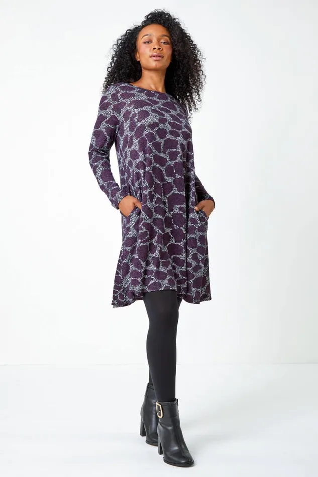 Women Purple Petite Leopard Print Swing Stretch Dress Roman Dresses