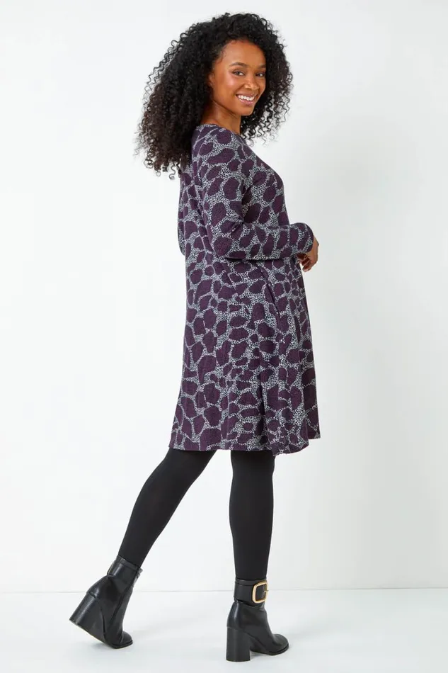 Women Purple Petite Leopard Print Swing Stretch Dress Roman Dresses