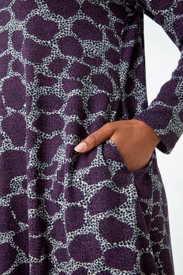 Women Purple Petite Leopard Print Swing Stretch Dress Roman Dresses
