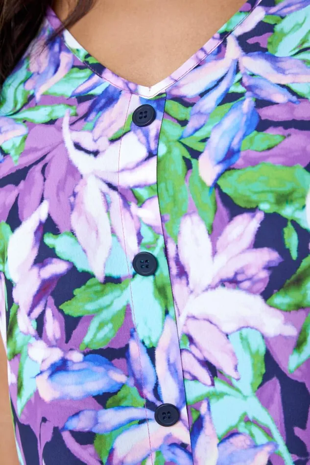 Women Purple Sleeveless VNeck Leaf Print Button Cami Top Roman Tops