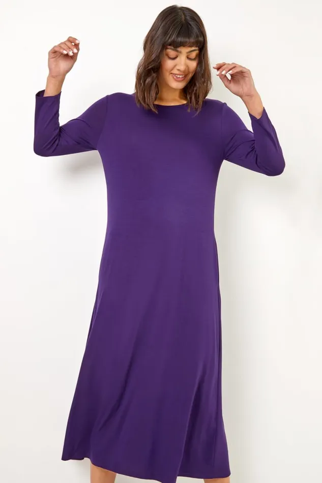 Women Purple Stretch Pocket Detail Midi Dress Roman Dresses