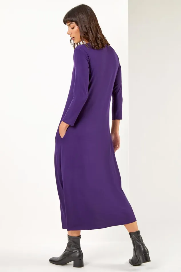 Women Purple Stretch Pocket Detail Midi Dress Roman Dresses