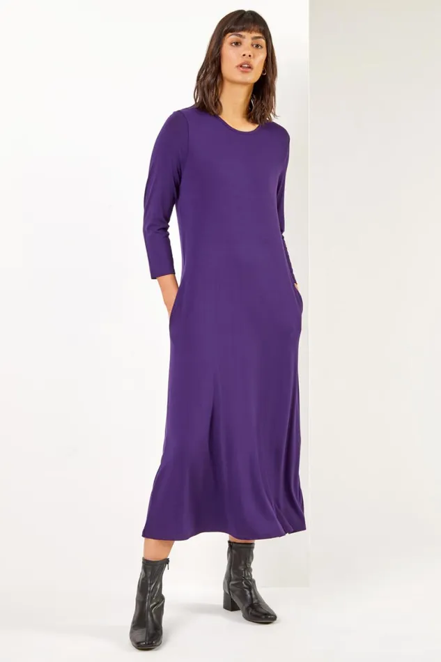 Women Purple Stretch Pocket Detail Midi Dress Roman Dresses