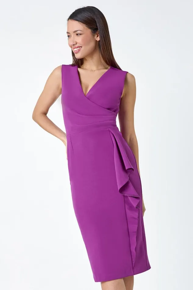Women Purple Wrap Draped Crepe Stretch Dress Roman Dresses