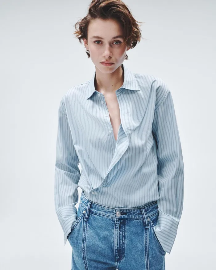 Women Rag and Bone Tops Indiana Striped Cotton Poplin Shirt Cool Blue Stripe