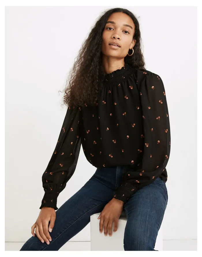 Women Resourced Georgette Smocked Mockneck Top In Amie Floral True Black Madewell Tops and Shirts Women Resourced Georgette Smocked Mockneck Top In Amie Floral True Black Madewell Tops and Shirts