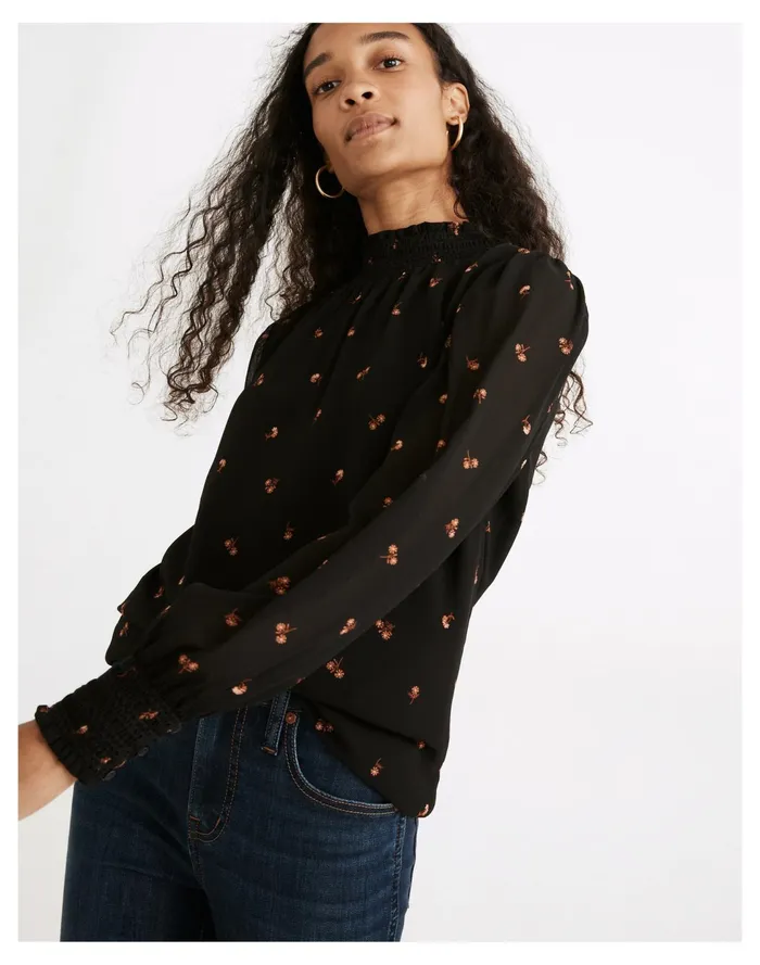 Women Resourced Georgette Smocked Mockneck Top In Amie Floral True Black Madewell Tops and Shirts Women Resourced Georgette Smocked Mockneck Top In Amie Floral True Black Madewell Tops and Shirts