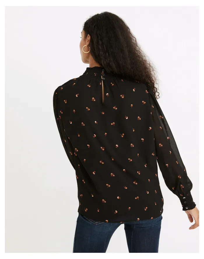 Women Resourced Georgette Smocked Mockneck Top In Amie Floral True Black Madewell Tops and Shirts Women Resourced Georgette Smocked Mockneck Top In Amie Floral True Black Madewell Tops and Shirts