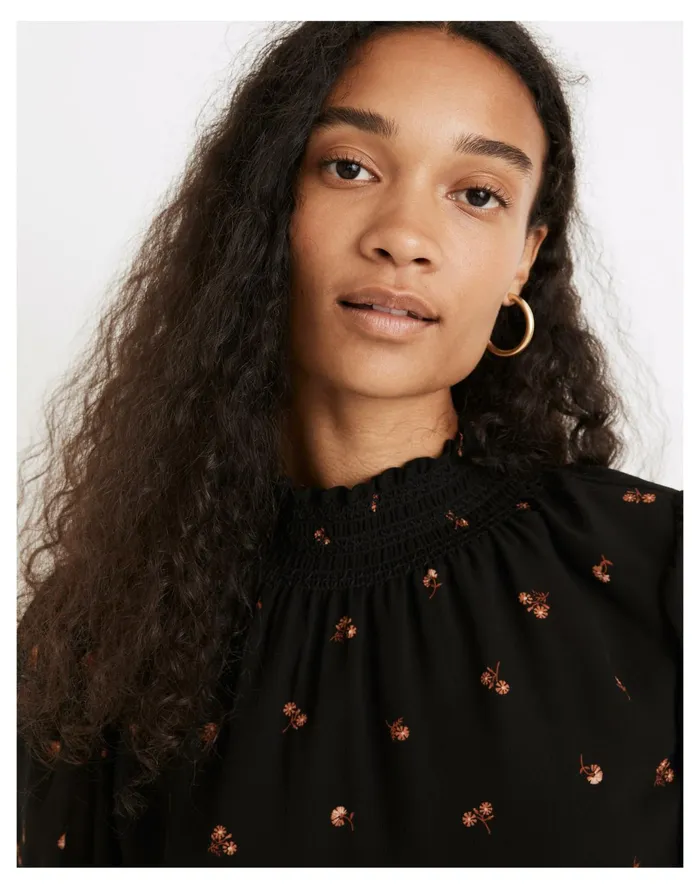 Women Resourced Georgette Smocked Mockneck Top In Amie Floral True Black Madewell Tops and Shirts Women Resourced Georgette Smocked Mockneck Top In Amie Floral True Black Madewell Tops and Shirts