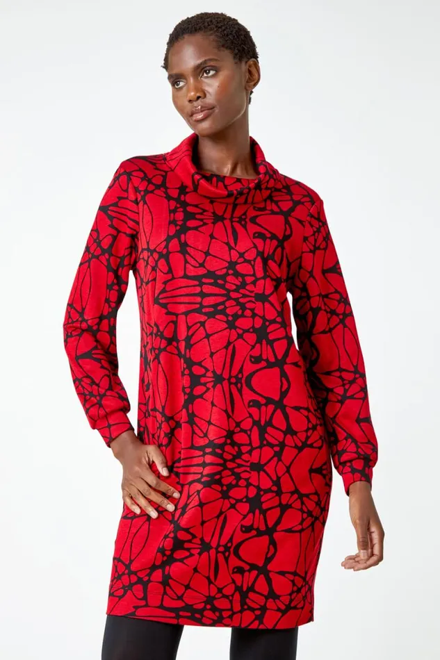 Women Red Abstract Cowl Neck Pocket Shift Dress Roman Dresses