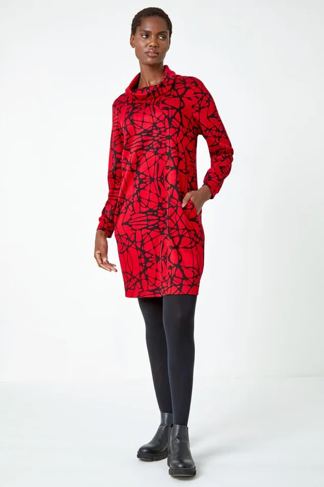 Women Red Abstract Cowl Neck Pocket Shift Dress Roman Dresses