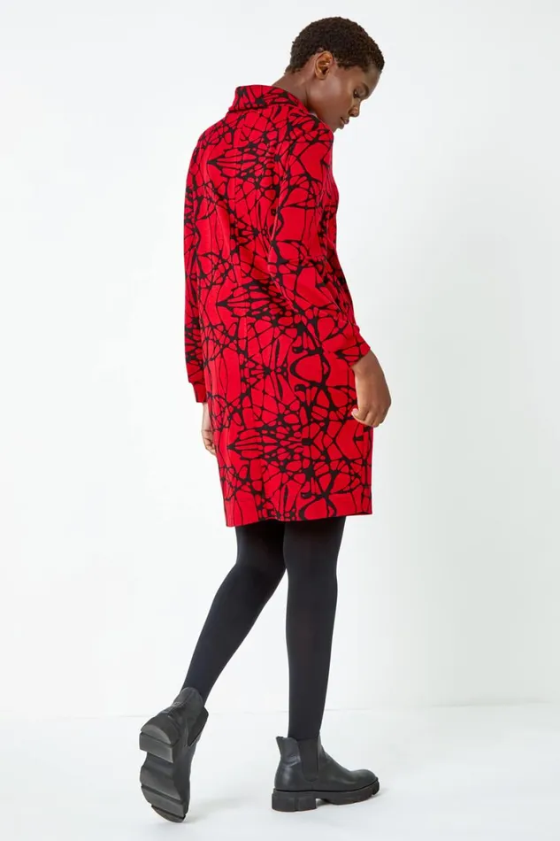 Women Red Abstract Cowl Neck Pocket Shift Dress Roman Dresses