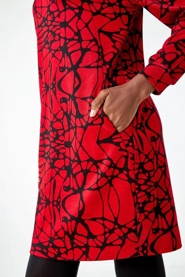 Women Red Abstract Cowl Neck Pocket Shift Dress Roman Dresses