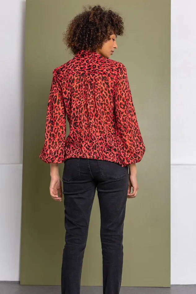Women Red Animal Tie Detail Chiffon Blouse Roman Tops