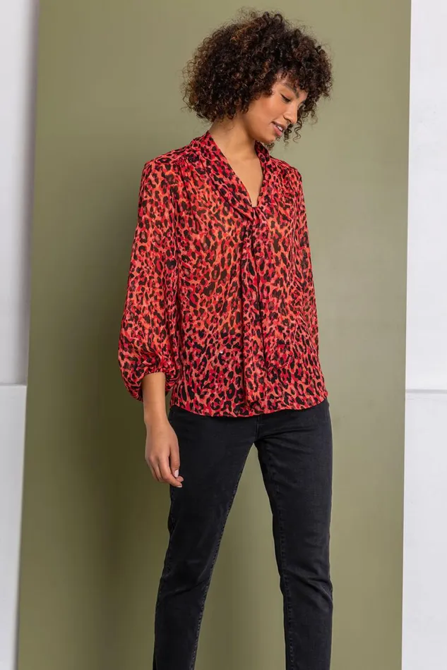 Women Red Animal Tie Detail Chiffon Blouse Roman Tops
