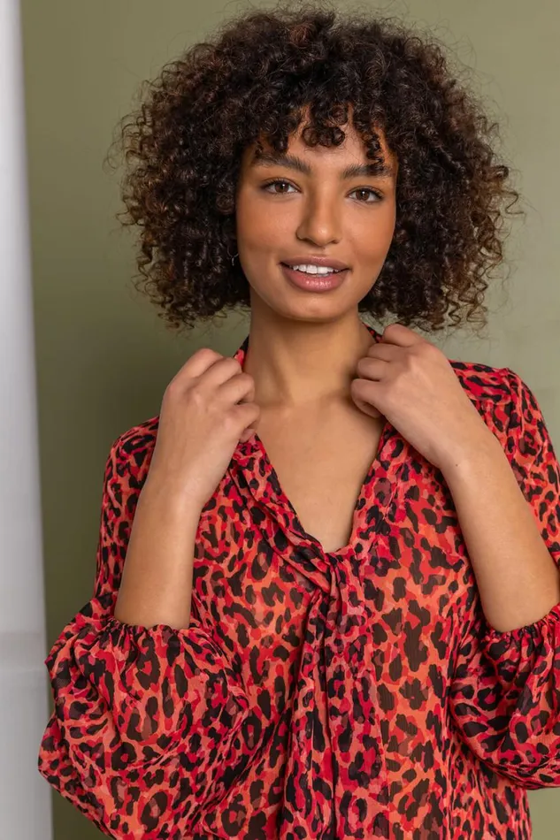 Women Red Animal Tie Detail Chiffon Blouse Roman Tops