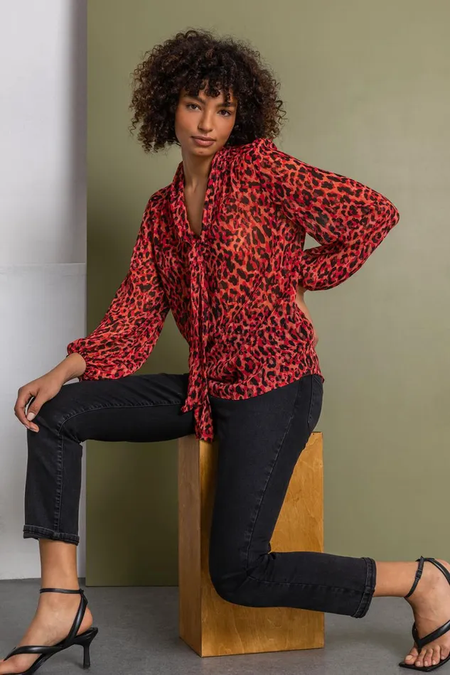 Women Red Animal Tie Detail Chiffon Blouse Roman Tops