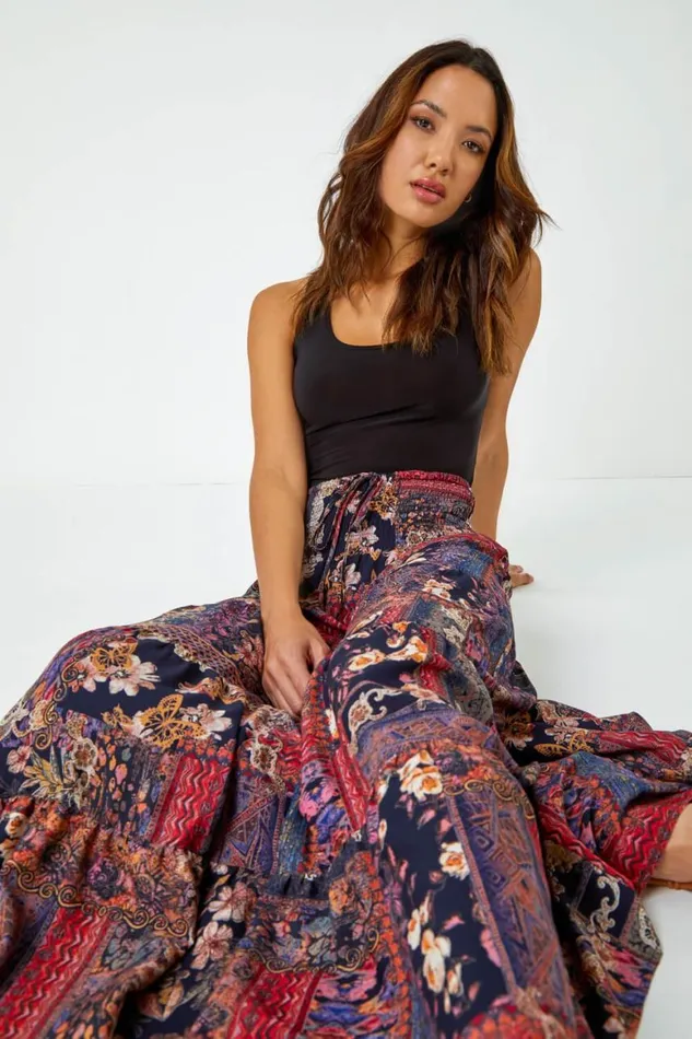 Women Red Boho Floral Shirred Waist Maxi Skirt Roman Skirts