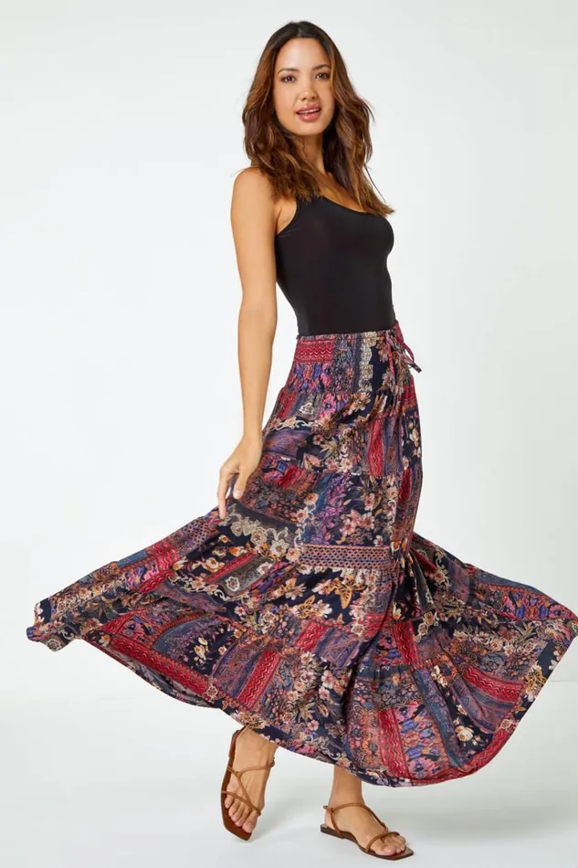 Women Red Boho Floral Shirred Waist Maxi Skirt Roman Skirts