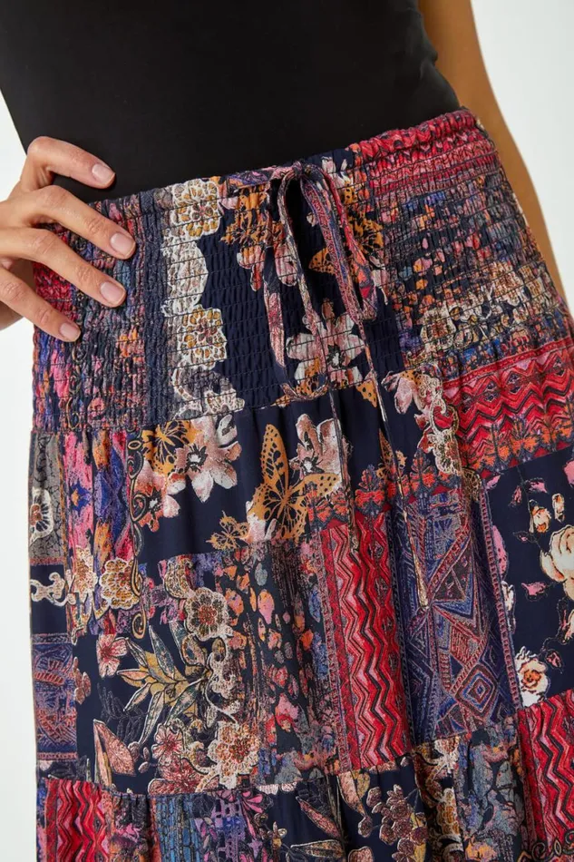 Women Red Boho Floral Shirred Waist Maxi Skirt Roman Skirts