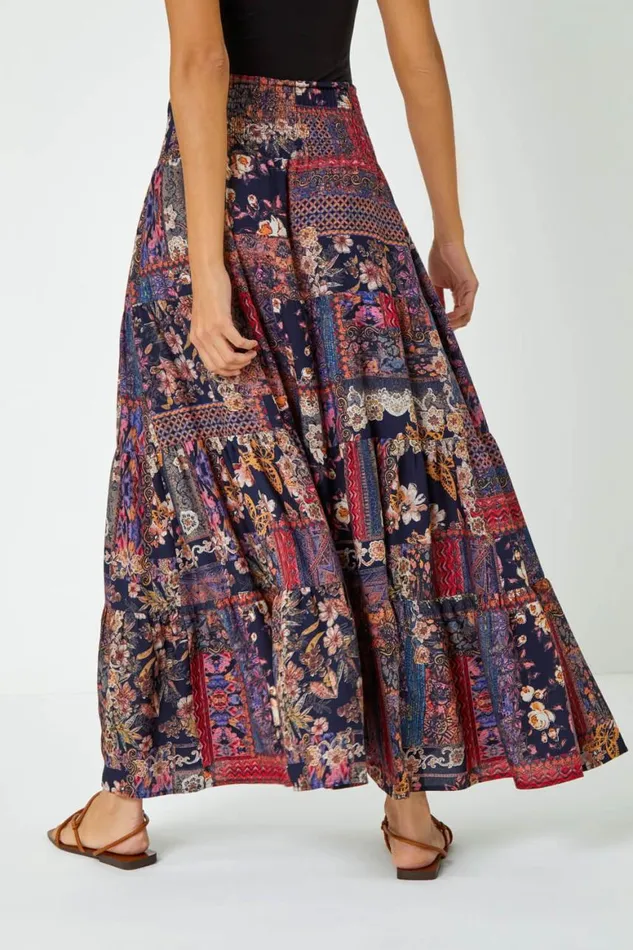 Women Red Boho Floral Shirred Waist Maxi Skirt Roman Skirts