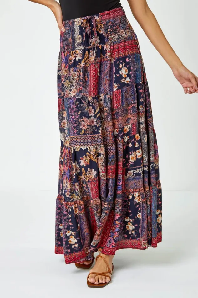 Women Red Boho Floral Shirred Waist Maxi Skirt Roman Skirts