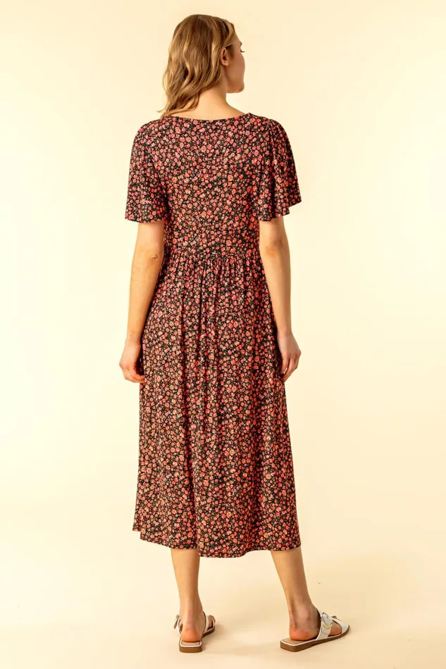 Women Red Button Detail Floral Tea Dress Roman Dresses