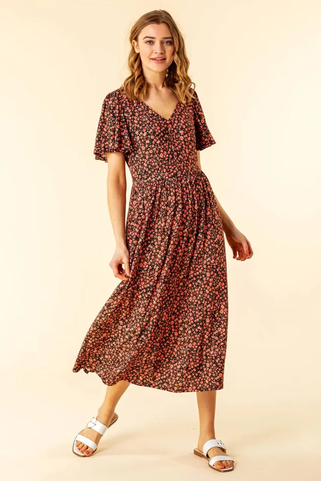 Women Red Button Detail Floral Tea Dress Roman Dresses