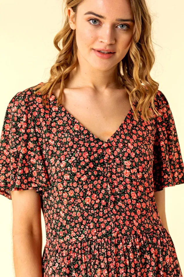 Women Red Button Detail Floral Tea Dress Roman Dresses