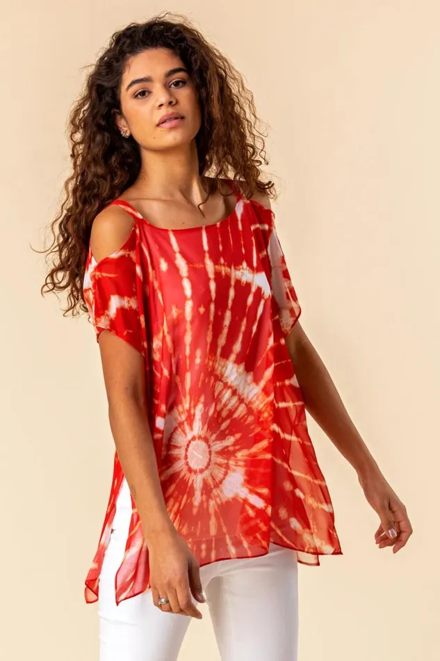 Women Red Cold Shoulder Tie Dye Print Top Roman Tops