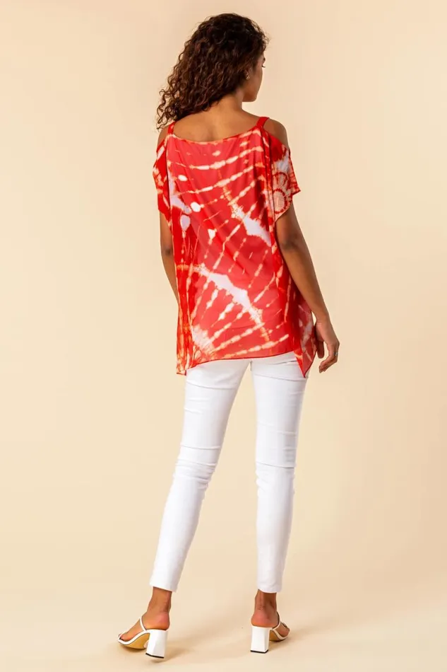 Women Red Cold Shoulder Tie Dye Print Top Roman Tops