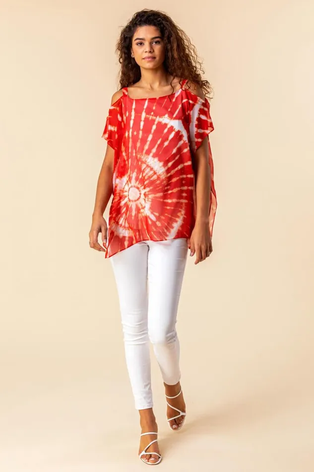 Women Red Cold Shoulder Tie Dye Print Top Roman Tops
