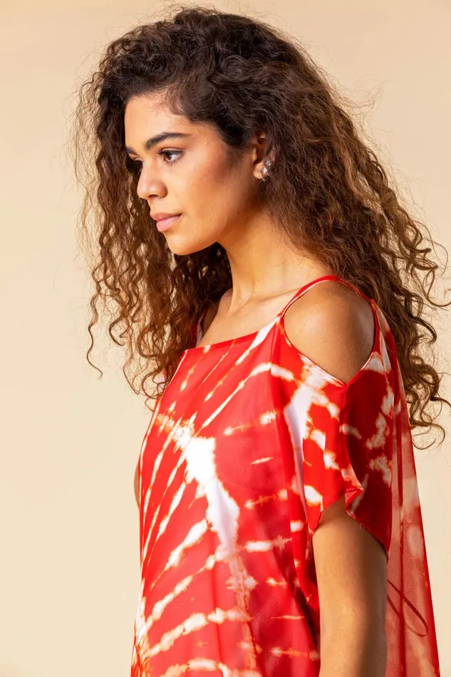 Women Red Cold Shoulder Tie Dye Print Top Roman Tops