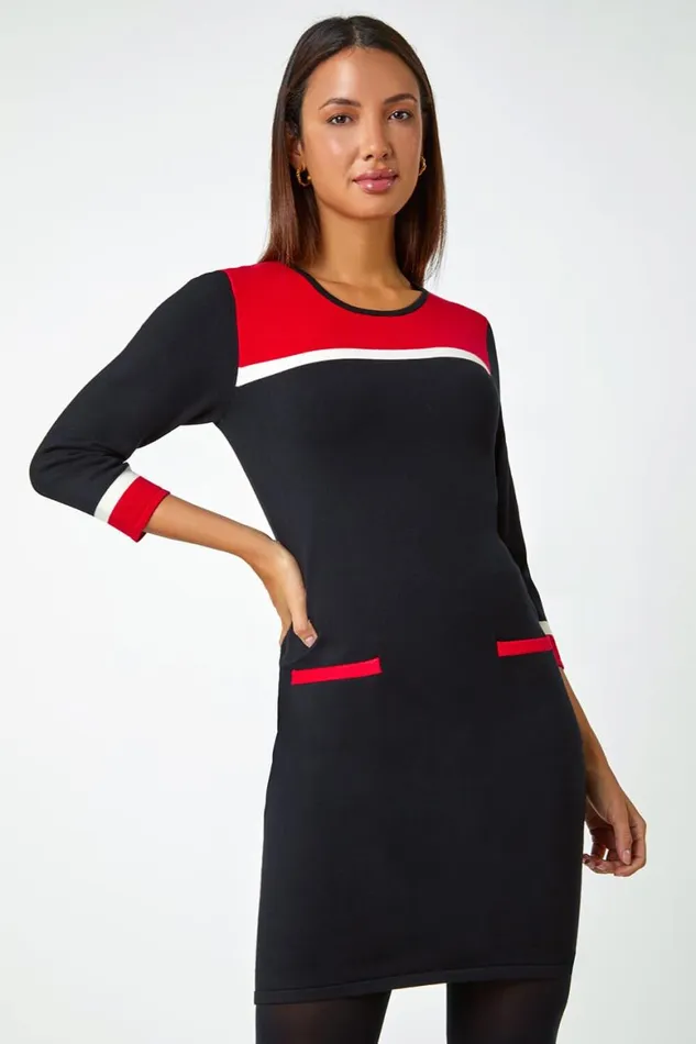 Women Red Colour Block Knitted Dress Roman Dresses
