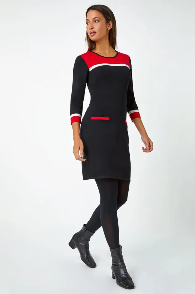 Women Red Colour Block Knitted Dress Roman Dresses
