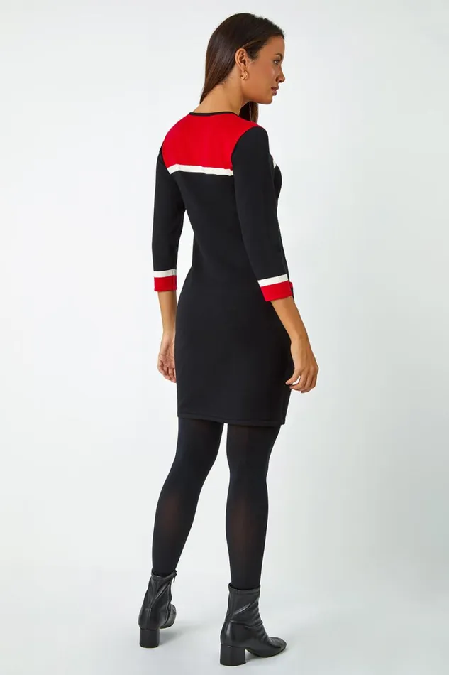Women Red Colour Block Knitted Dress Roman Dresses