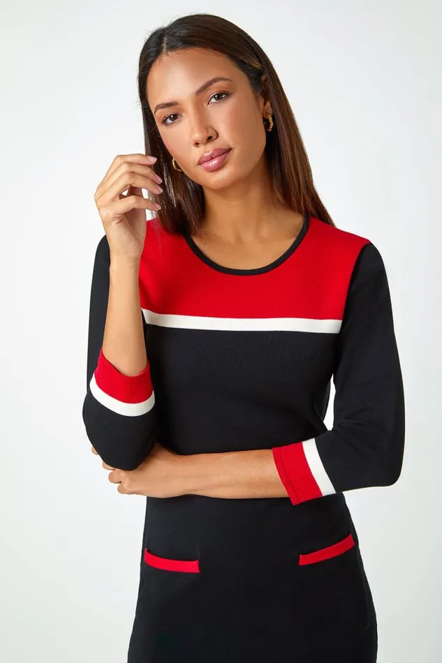 Women Red Colour Block Knitted Dress Roman Dresses