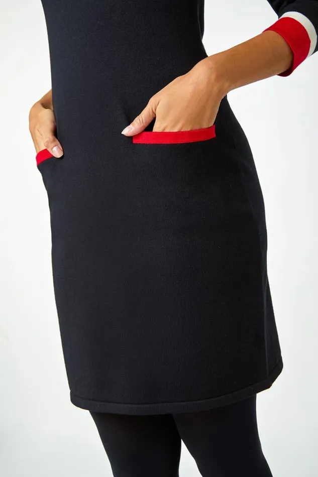 Women Red Colour Block Knitted Dress Roman Dresses