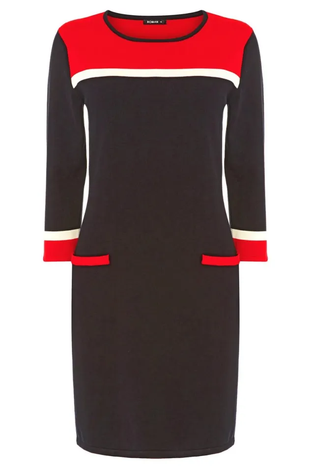 Women Red Colour Block Knitted Dress Roman Dresses