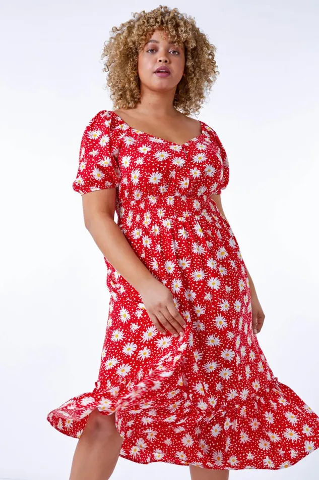 Women Red Curve Floral Print Midi Dress Roman Dresses