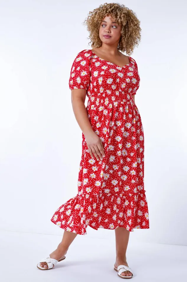 Women Red Curve Floral Print Midi Dress Roman Dresses