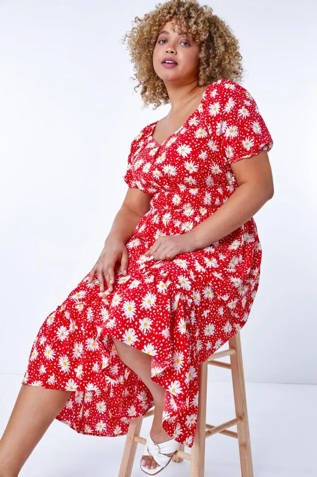 Women Red Curve Floral Print Midi Dress Roman Dresses