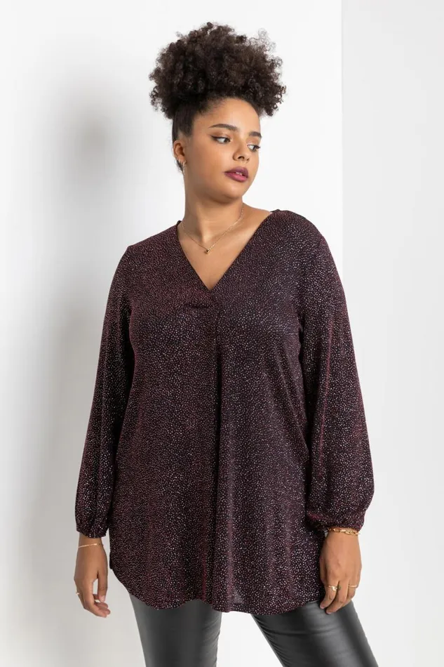 Women Red Curve Pleat Front Shimmer Tunic Top Roman Tops