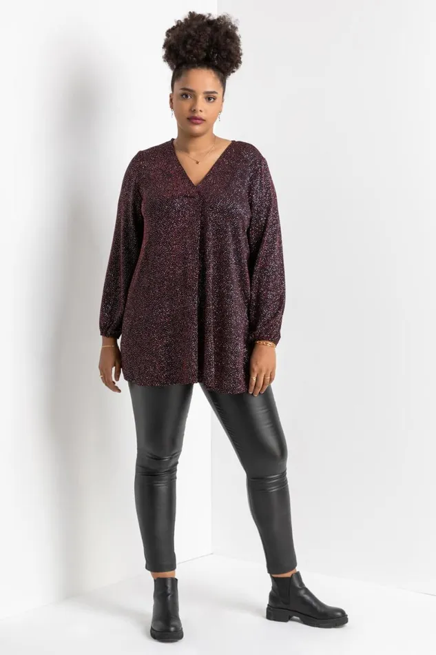 Women Red Curve Pleat Front Shimmer Tunic Top Roman Tops