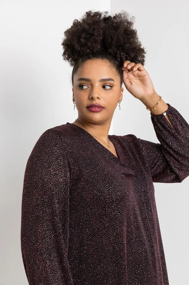 Women Red Curve Pleat Front Shimmer Tunic Top Roman Tops