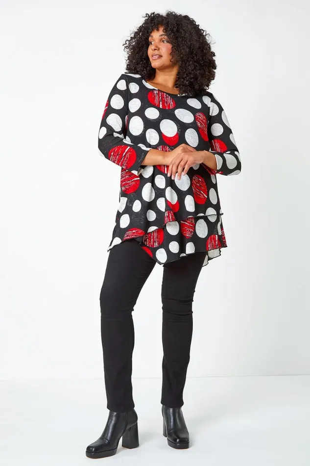 Women Red Curve Polka Dot Layered Stretch Top Roman Tops