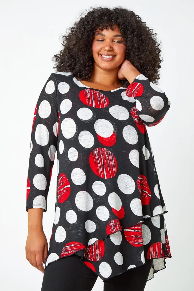 Women Red Curve Polka Dot Layered Stretch Top Roman Tops