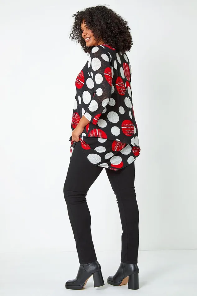 Women Red Curve Polka Dot Layered Stretch Top Roman Tops