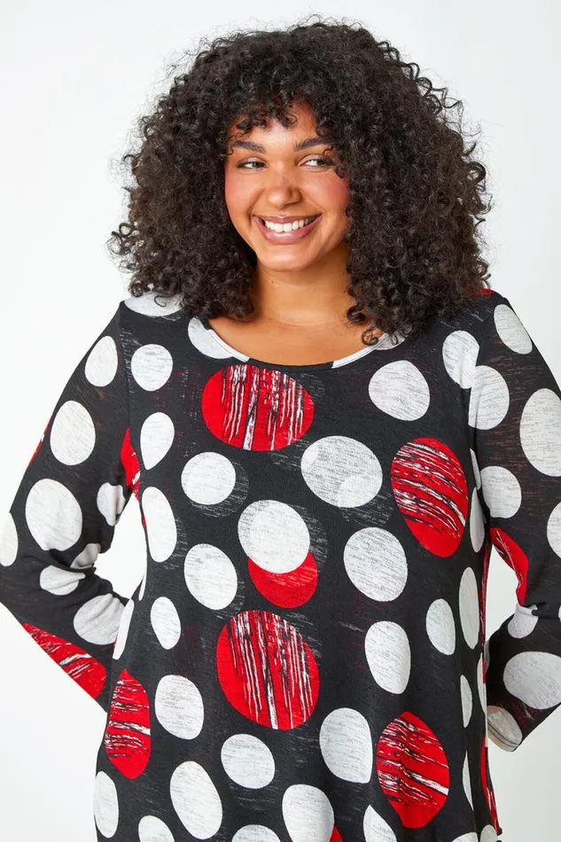 Women Red Curve Polka Dot Layered Stretch Top Roman Tops